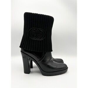 Gucci Black Leather Ankle Boots w/Knit Fold Over Accent & GG Logo Sz EU 36.5